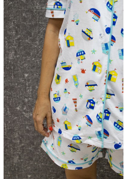 Pamuklu Baskılı Düğmeli Pijama Takımı modelleri