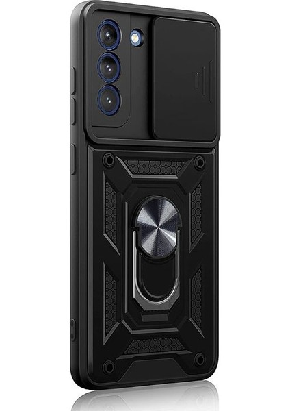 Casestreet Samsung Galaxy S21 Fe Kılıf Tank Aramid Sürgülü Vega Yüzüklü+Nano Siyah