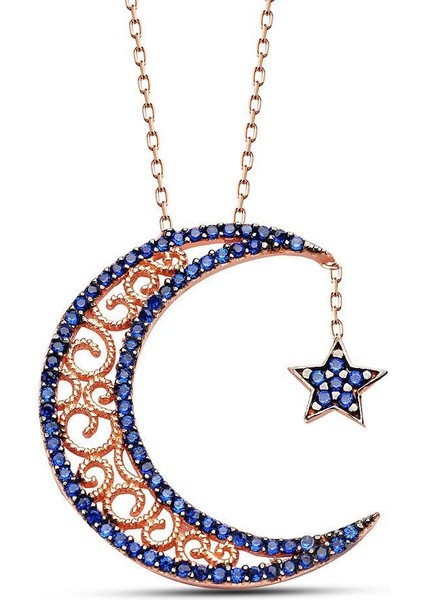 925 Ayar Gümüş Mavi Zirkon Taşlı Ayyıldız Kolye