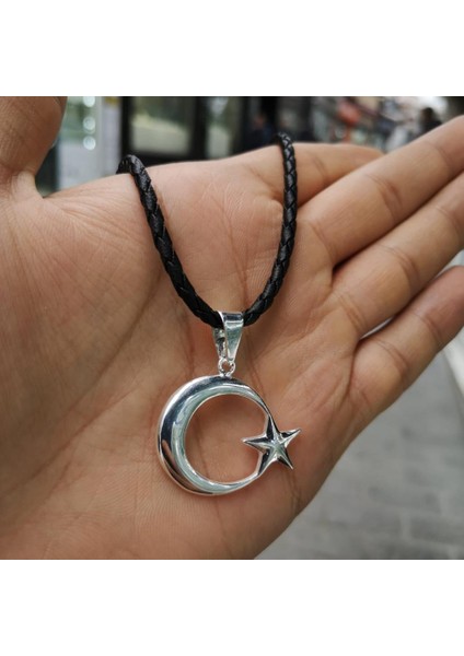 Deri Ipli Ayyıldız Gümüş Kolye