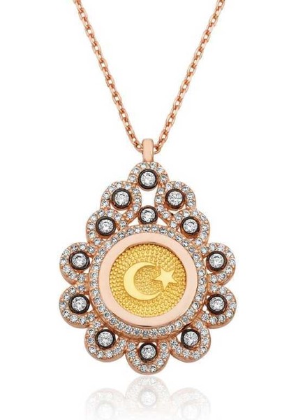 Gümüş Damla Çerçeveli Ay Yıldız Bayan Kolye