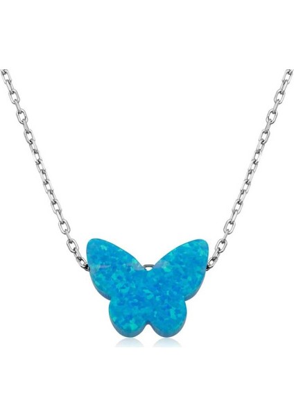 Gümüş Mavi Opal Taş Kelebek Bayan Kolye