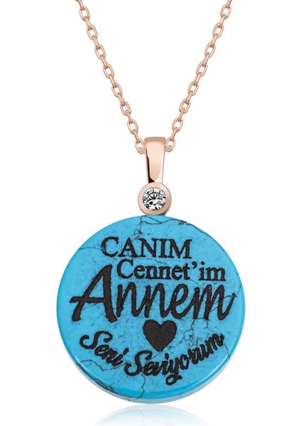 ​gümüş Turkuaz Taşlı Annem Yazılı Kadın Kolye