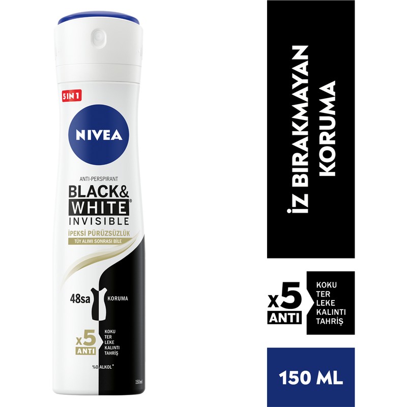 Nivea Kadın Sprey Deodorant Black& White Invisible İpeksi Pürüzsüzlük 150ml; Ter ve Ter Kokusuna Karşı 48 Saat Anti-perspirant Deodorant Koruması; Hassas Koltuk Altı