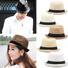 Warm Shoping Unisex Hasır Şapka Kontrast Şerit Fedora (Yurt Dışından)