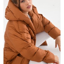 Dnz Fashion Bayan Kapüşonlu Oversize Kahverengi Şişme Mont