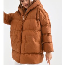 Dnz Fashion Bayan Kapüşonlu Oversize Kahverengi Şişme Mont