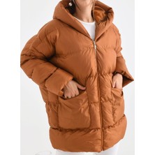 Dnz Fashion Bayan Kapüşonlu Oversize Kahverengi Şişme Mont