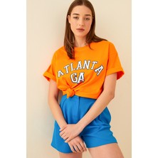 Swist Turuncu Atlanta Baskılı Oversize Kadın Tshirt