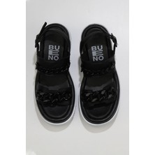 Bueno Shoes Siyah Deri Kadın Dolgu Topuklu Sandalet