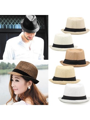 Warm Shoping Unisex Hasır Şapka Kontrast Şerit Fedora (Yurt Dışından)