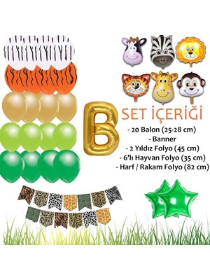 Patladı Gitti Safari Konsepti B Harfli Doğum Günü Parti Kutlama Seti; Harf ve Yıldız Folyo, Banner ve Balon Zinciri