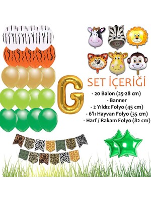 Patladı Gitti Safari Konsepti G Harfli Doğum Günü Parti Kutlama Seti; Harf ve Yıldız Folyo, Banner ve Balon Zinciri