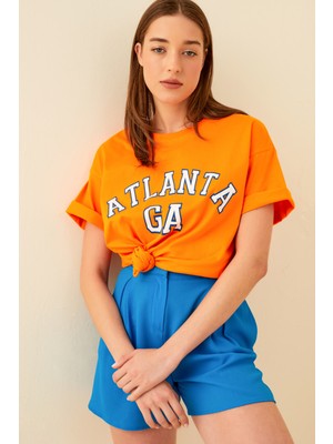 Swist Turuncu Atlanta Baskılı Oversize Kadın Tshirt