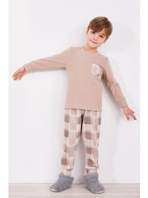 Arnetta Ekoseli Bej Erkek Çocuk Uzun Kol Pijama Takım