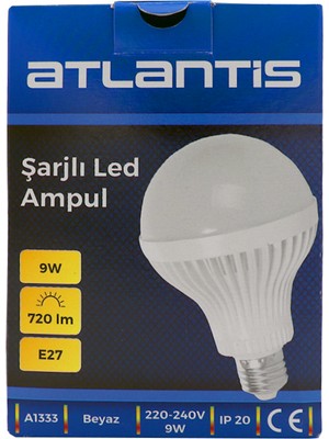 Atlantis Akülü Şarjlı LED Ampul Beyaz 9W E27