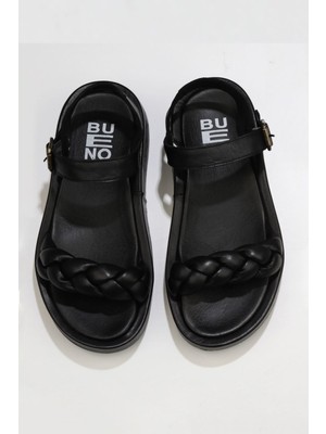 Bueno Shoes Siyah Deri Kadın Dolgu Topuklu Sandalet