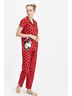 Minnie Mouse Lisanslı Spotted Kırmızı Kadın Gömlek Pijama Takımı