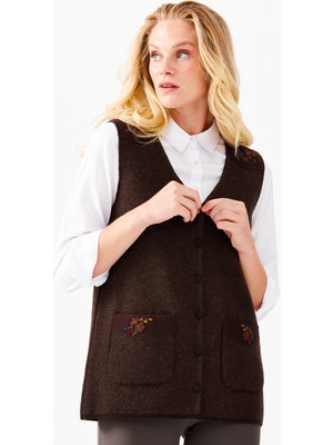 Desen Triko Kadın V Yaka Omuzu Cep Kapağı Keçeli Işlemeli Düğmeli Yelek K.kahve