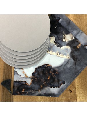 Desenİzmir Amerikan Servis Gri Mermer Desen Takım 6 Supla ve Runner Örtü Kombin 1