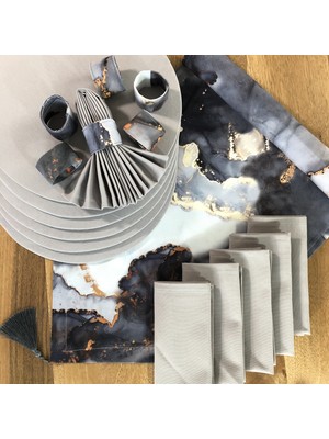 Desenİzmir Amerikan Servis Gri Mermer Desen Takım 6 Supla, 6 Kumaş Peçete, 6 Peçete Halkası ve Runner Örtü Kombin 6