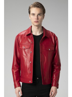 Dericlub WM2217 Kırmızı Renkli Gerçek Deri Erkek Ceket Düz Desenli Şık Tasarım