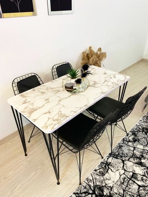 Stone Concept Mobilya Yemek Masa Takımı Mutfak Masası Sırt Minderli 4'lü Tel Sandalye + Masa 60 x 120 cm Beyaz Gri