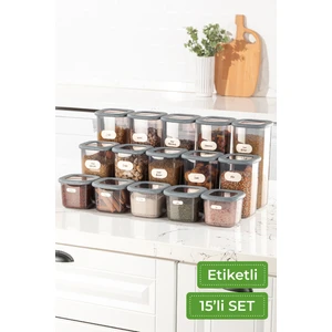 Etiketli Foly Kare Erzak Saklama Kabı 15'li Set 5x(0,55 Litre, 1,2 Litre, 1,75 Litre) Antrasit