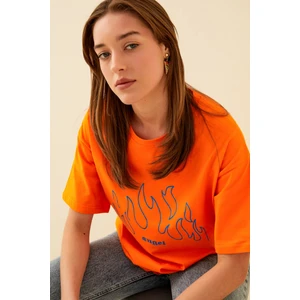 Turuncu Angel Baskılı Oversize Kadın Tshirt