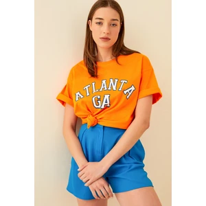 Turuncu Atlanta Baskılı Oversize Kadın Tshirt