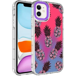 Case 4U Apple iPhone 12 Kılıf Kamera Korumalı Renkli Ananas Desenli Sert Silikon Korn Kapak NO6 Renkli