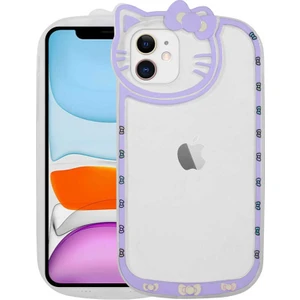 Case 4U Apple iPhone 11 Kılıf Kedi Figürlü Transparan Sert Silikon Kity Kapak Lila