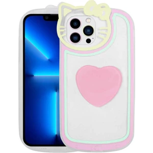 Case 4U Apple iPhone 13 Pro Max Kılıf Kedi Figürlü Transparan Pop Soketli Kalp Ritmik Kapak Pembe