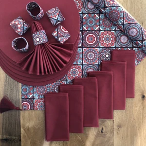 Amerikan Servis Bordo Seramik Desen Takım 6 Supla, 6 Kumaş Peçete, 6 Peçete Halkası ve Runner Örtü 3