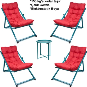 Minderli - Zarrat Şezlong Seti Bahçe&balkon&teras&plaj Katlanır Dörtlü Set - 4 Şezlong 1 Sehpa