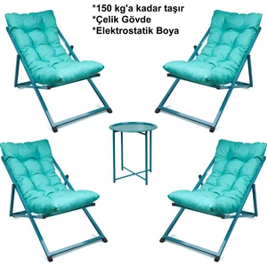 Minderli - Zarrat Şezlong Seti Bahçe&balkon&teras&plaj Katlanır Dörtlü Set - 4 Şezlong 1 Sehpa