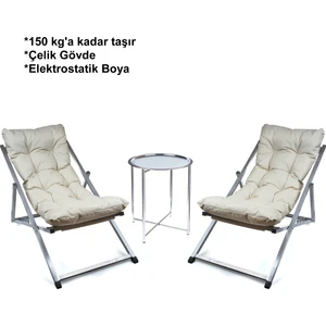 Minderli - Cora Şezlong Seti Bahçe&balkon&teras&plaj Katlanır Ikili Set - 2 Şezlong 1 Sehpa