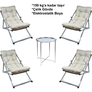 Minderli - Mora Şezlong Seti Bahçe&balkon&teras&plaj Katlanır Ikili Set - 4 Şezlong 1 Sehpa