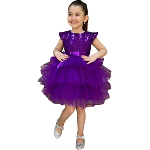 Kız Çocuk Üstü Pulpayet Işlemeli Katkat Mor Abiye