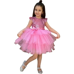 Kız Çocuk Üstü Pulpayet Işlemeli Katkat Pembe Abiye