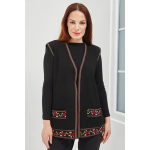Fresh Moda Anne Triko Gül Motifli Siyah  Kısa Cepli Yelek