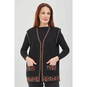 Fresh Moda Anne Triko Gül Motifli Siyah  Kısa Cepli Yelek