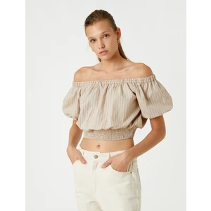 Omzu Açık Crop Bluz Beli Lastikli