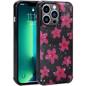 Apple iPhone 12 Pro Max Uyumlu Kılıf Simli Kalpli ve Çiçekli Desenli Parlak Tasarım Soft Kılıf