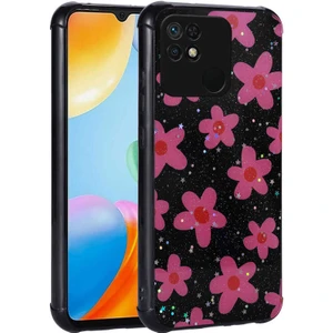 Xiaomi Poco C40 Uyumlu Kılıf Simli Kalpli ve Çiçekli Desenli Parlak Tasarım Soft Kılıf