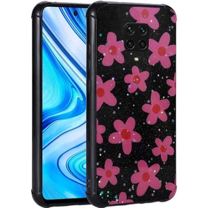 Xiaomi Redmi Note 9s Uyumlu Kılıf Simli Kalpli ve Çiçekli Desenli Parlak Tasarım Soft Kılıf