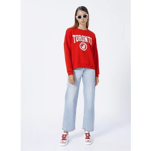Bisiklet Yaka Baskılı Kırmızı Kadın Sweatshirt Neta