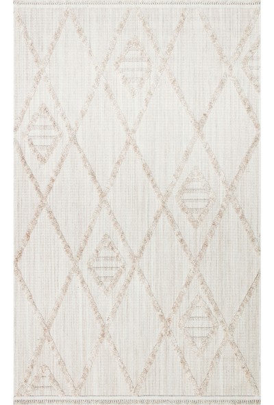 Bespoky Teramo Bej Geometrik Polyester Makine Salon Halısı