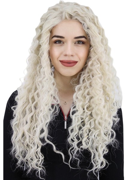 Afro Dalgalı Tül Peruk Beyaz Platin 300 Gr 70 Cm