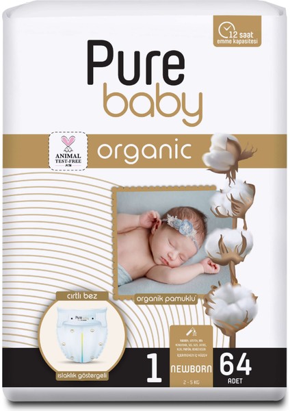 Pure Baby Organik Pamuklu Cirtli Bez Tekli Paket 1 Numara Yenidogan 64 Adet